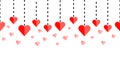 Horizontally seamless border ornament with red hearts and dashed lines on white background. Vector