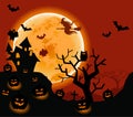 Only horizontally seamless. Halloween night background with a moon, haunted house, cemetery and pumpkins Royalty Free Stock Photo