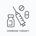 Hormone therapy flat line icon. Vector outline illustration of pill, bottle and syringe. Black thin linear pictogram for Royalty Free Stock Photo