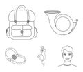 Horn, game in hand, backpack with things, steel cap.Hunting set collection icons in outline style vector symbol stock Royalty Free Stock Photo