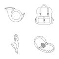 Horn, game in hand, backpack with things, steel cap.Hunting set collection icons in outline style vector symbol stock Royalty Free Stock Photo