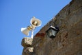 A horn loudspeaker is a loudspeaker or loudspeaker element which uses an acoustic horn. Rhodes, Greece Royalty Free Stock Photo