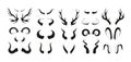 Horn silhouettes. Black pairs of animal antlers different shapes, wildlife hunting trophy elements, horned mammal Royalty Free Stock Photo