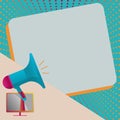 Hand Holding A Megaphone From The Tv Screen. Horn Speaker Announces Important News And Alerts On Blank Dotted Background