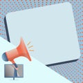 Hand Holding A Megaphone From The Tv Screen. Horn Speaker Announces Important News And Alerts On Blank Dotted Background