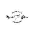 Horn trumpet icon. Music store logo label. Music shop emblem. Premium quality lettering. Vector.