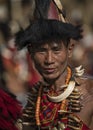 Hornbill Festival.Nagaland,India:1st December 2013 :Naga Tribal with the smiling face and unique Headgear at Hornbill Festival.