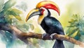 The hornbill sitting on a branch. Watercolor painting, Generative AI