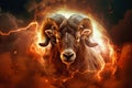 A horned animal with large horns standing proudly in front of a ring of fire