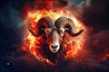 A horned animal with large horns standing proudly in front of a ring of fire