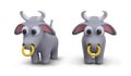 Horned bull with nose ring and big ears. 3D vector model, view from different sides