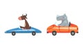 Horned Bull and Rhino Driving Car Vector Set