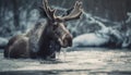 Horned deer in winter forest, close up portrait generative AI Royalty Free Stock Photo
