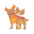 Horned dragon monster with wings, mythical and fantastic animal vector Illustration