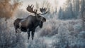 Horned elk grazes in tranquil winter forest, majestic and serene generated by AI Royalty Free Stock Photo
