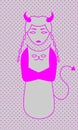 Horned girl hugging a cat on pink dotted background