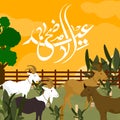 Horned goat character will be slaughtered on holy day of ied al adha with flat cartoon style.