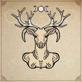 Horned god Cernunnos . Mysticism, esoteric, paganism, occultism. Vector illustration.