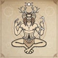 Horned god Cernunnos . Mysticism, esoteric, paganism, occultism. Vector illustration. Royalty Free Stock Photo