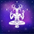 Horned god Cernunnos . Mysticism, esoteric, paganism, occultism. Vector illustration.