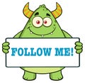 Horned Green Monster Cartoon Character Holding Follow Me Sign