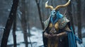 Horned Knight In Azure And Gold: A Snowy Forest Fantasy