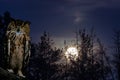 The horned owl sits on a branch against the backdrop of a full moon rising on a pine forest Royalty Free Stock Photo