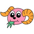 Horned sheep`s head emoticon eating grass, doodle kawaii. doodle icon image Royalty Free Stock Photo