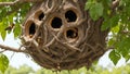 A hornet\'s nest hanging from a tree branch