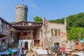 HORNI HRAD, CZECH REPUBLIC - JUNE 4, 2016: Tourists visit the ruins of Horni Hrad Hauenstein or Hauenstejn castle in the Czech