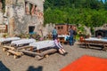 HORNI HRAD, CZECH REPUBLIC - JUNE 4, 2016: Tourists visit the ruins of Horni Hrad Hauenstein or Hauenstejn castle in the Czech