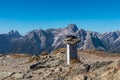 Hornischegg - Border stone on summit of mount Hornischegg (Monte Arnese), Carnic Alps, Austria Italy Royalty Free Stock Photo