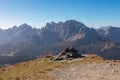 Hornischegg - Pile of stones on summit mount Hornischegg (Monte Arnese), Carnic Alps, Austria Italy, EU Royalty Free Stock Photo