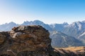 Hornischegg - Remains of military bunker of First World War on mount Hornischegg with scenic view of Dolomites Royalty Free Stock Photo