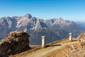 Hornischegg - Remains of military bunker of First World War on mount Hornischegg with scenic view of Dolomites Royalty Free Stock Photo