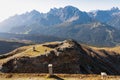 Hornischegg - Remains of military bunker of First World War on mount Hornischegg with scenic view of Dolomites Royalty Free Stock Photo