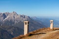 Hornischegg - Remains of military bunker of First World War on mount Hornischegg with scenic view of Dolomites Royalty Free Stock Photo