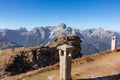 Hornischegg - Remains of military bunker of First World War on mount Hornischegg with scenic view of Dolomites Royalty Free Stock Photo