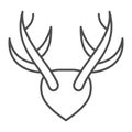 Horns as trophy thin line icon, hunting and decoration concept, mounted antlers horn vector sign on white background