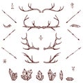 Horns, cristals, arrows, feather. Illustrated design elements set.Tribal elements. vector