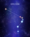 Horologium the clock constellation map on a starry space background. Stars relative sizes and color shades based on their spectral