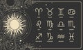 Horoscope banner with 12 zodiac sign symbols on mystical black background with sun, mystical poster, magic cover. Vector