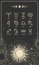 Horoscope card with 12 zodiac sign symbols on mystical black background with sun, mystical poster, magic cover. Vector