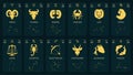 Zodiac horoscope cards with icons, dates, stars and symbols