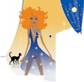Horoscope chic ladies. Red-haired female lion with a magical crystal. Black cat gnaws on its own