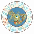 Horoscope for children sign Cancer in the zodiac circle. Vector.