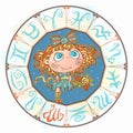 Horoscope for children sign Virgo in the zodiac circle. Vector