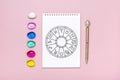 Horoscope circle with twelve signs of zodiac on paper, divination dice, colorful stone on pink background Fortune telling and