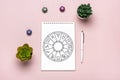 Horoscope circle with twelve signs of zodiac on paper, divination dice, colorful stone on pink background Fortune telling and