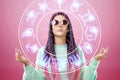 Horoscope concept, portrait of a beautiful girl on a background of a circle with the signs of the zodiac, astrology Royalty Free Stock Photo